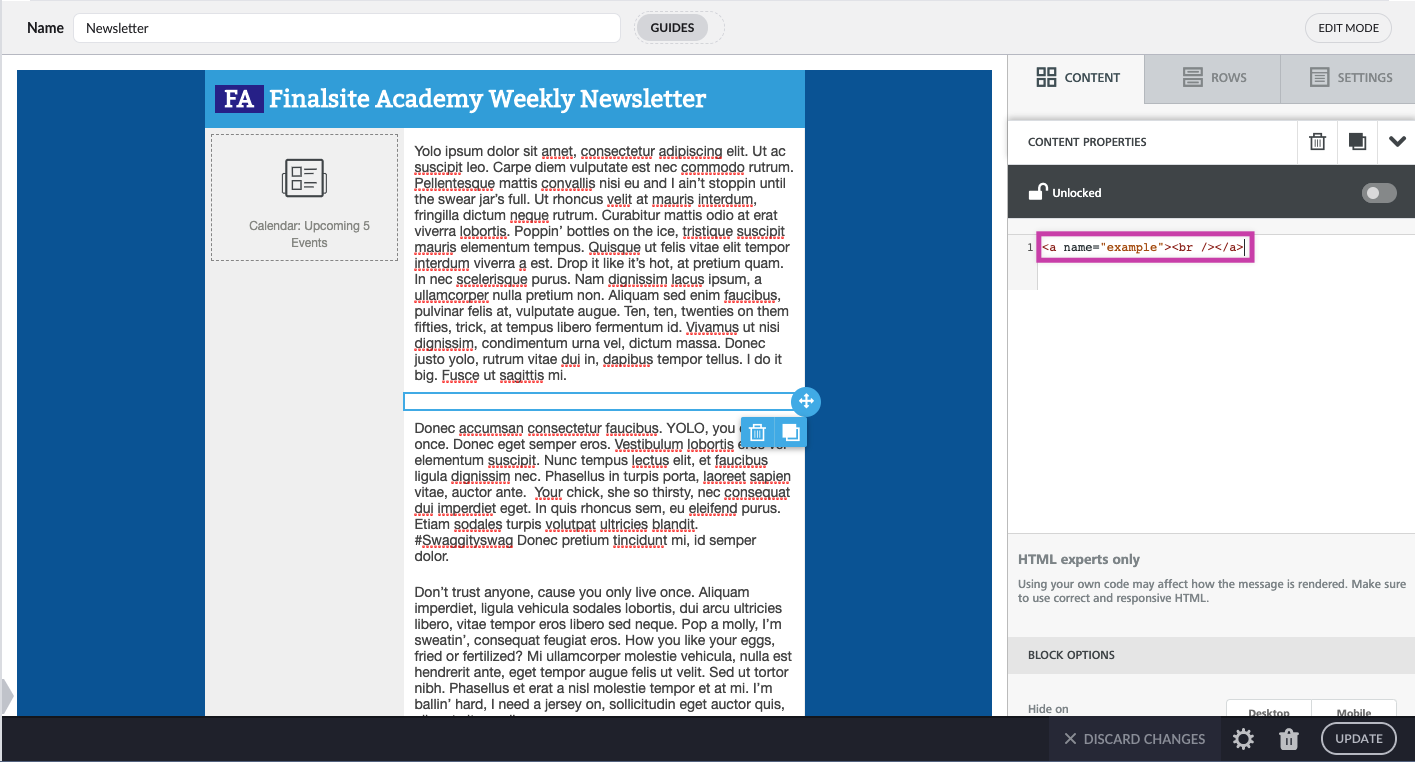Code pasted into HTML section of HTML block properties