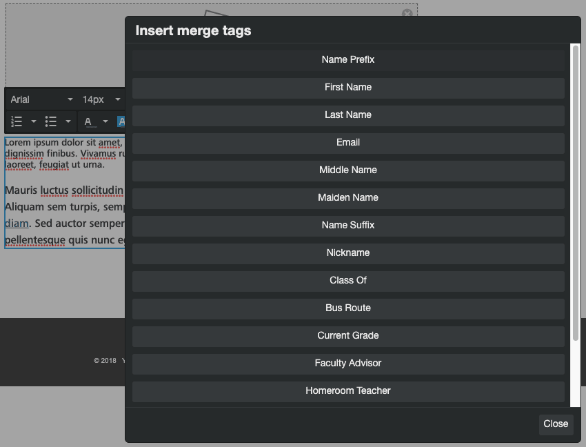 Insert merge tags modal in message text editor