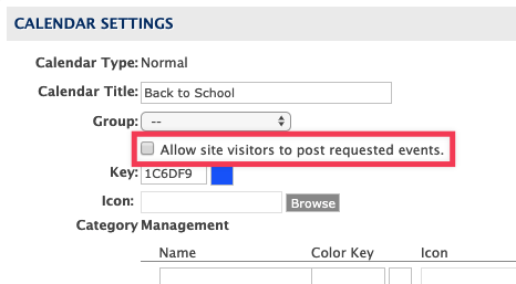 Calendar settings with Allow site visitors to post requested events checkbox highlighted