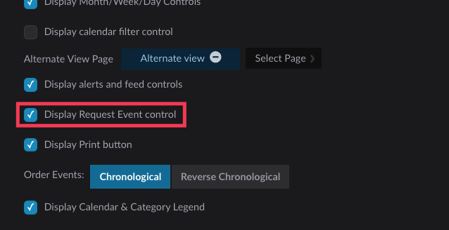 Calendar element settings with Display Request Event control checkbox highlighted