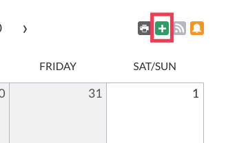 Icons at the top right of a Calendar element with request event + icon highlighted