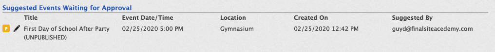 Suggested Events Waiting for Approval section of Calendar Manager dashboard