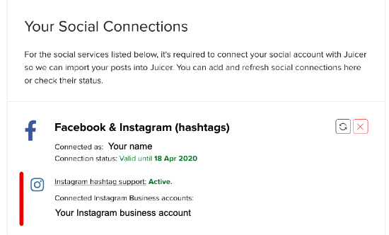 Instagram hashtag support active on Your Social Connections screen