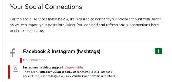 Valid Facebook connection but no Instagram hashtag support messages on Your Social Connections screen