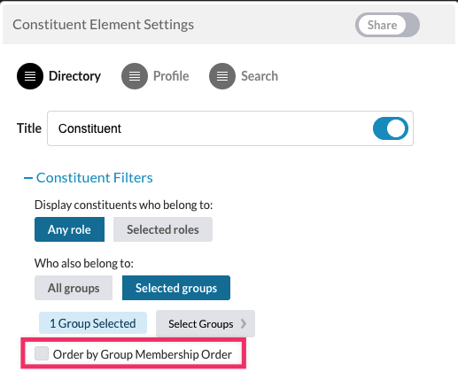 order by group membership option in element highlighted