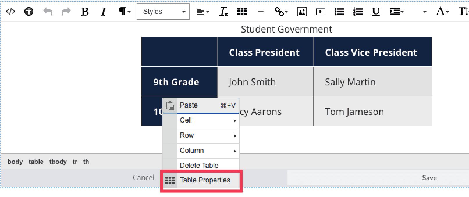 Table Properties button