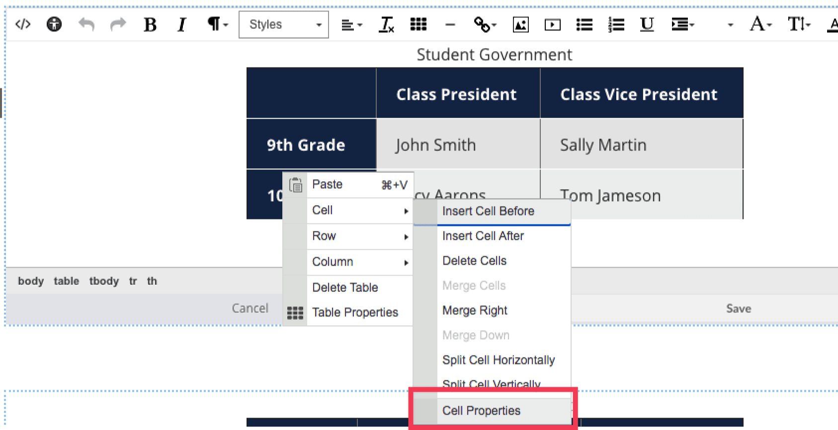Cell Properties button