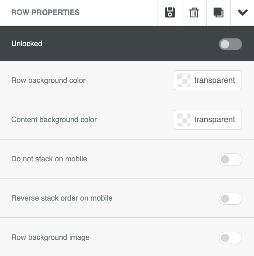 Row properties menu showing background colors and toggles