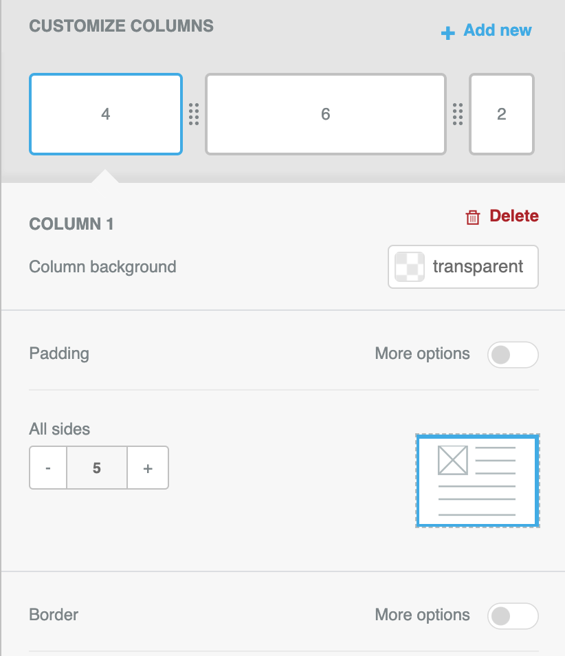 Customize columns options including column diagram, padding settings and borders