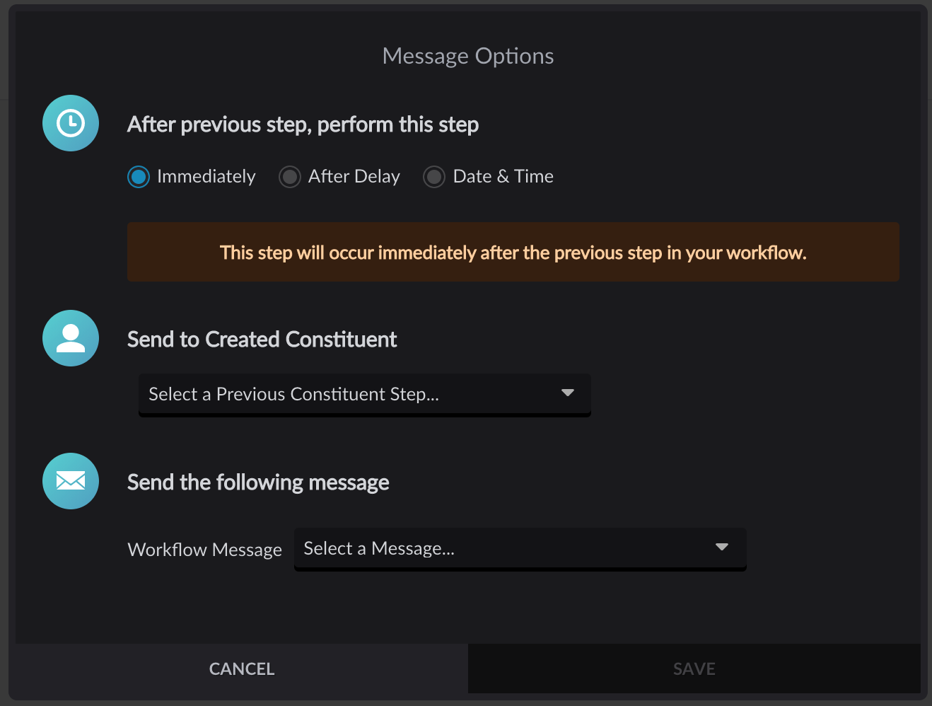 Send Message options menu in Form workflow