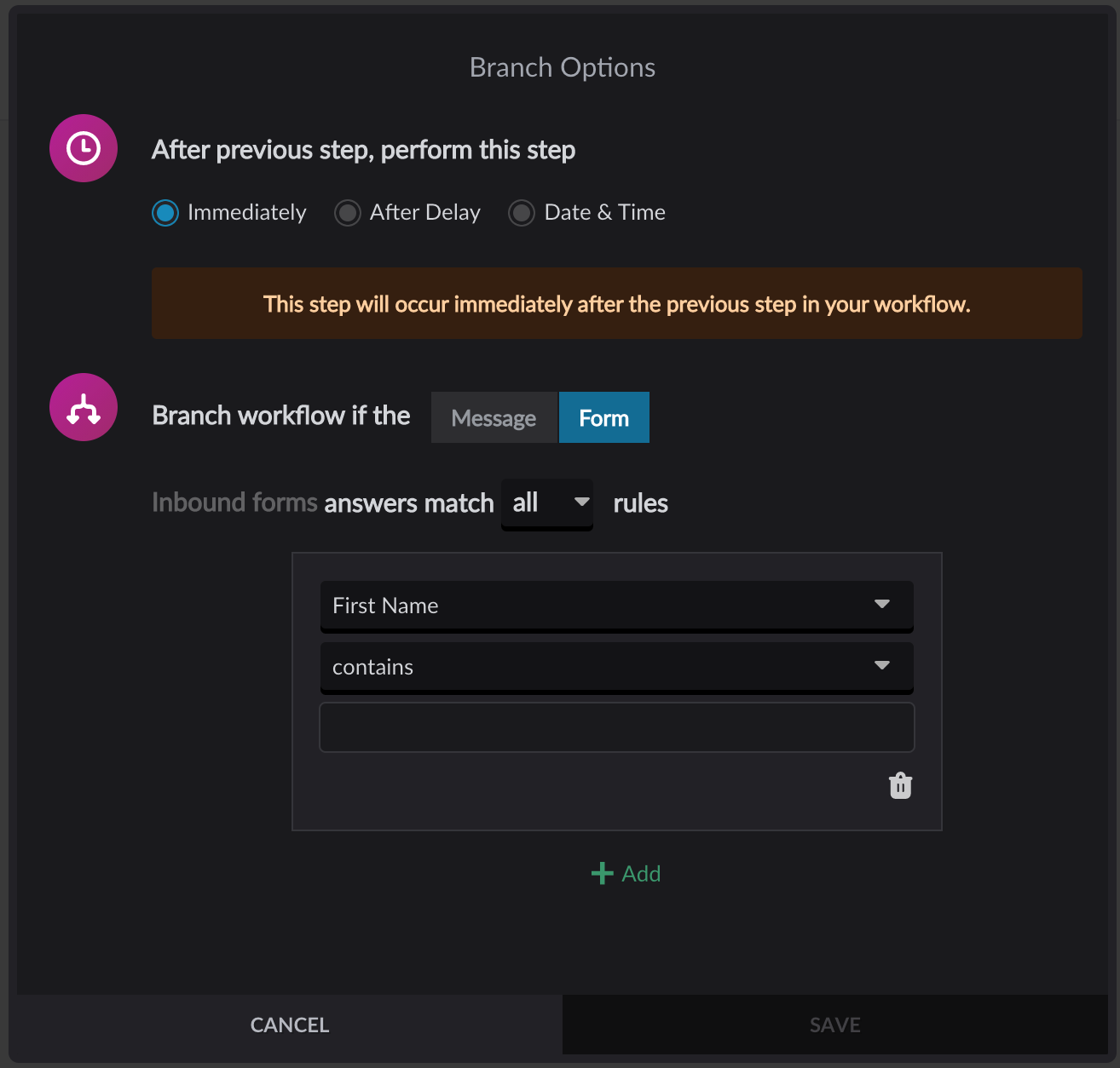 Form Response branch options menu in Form workflow