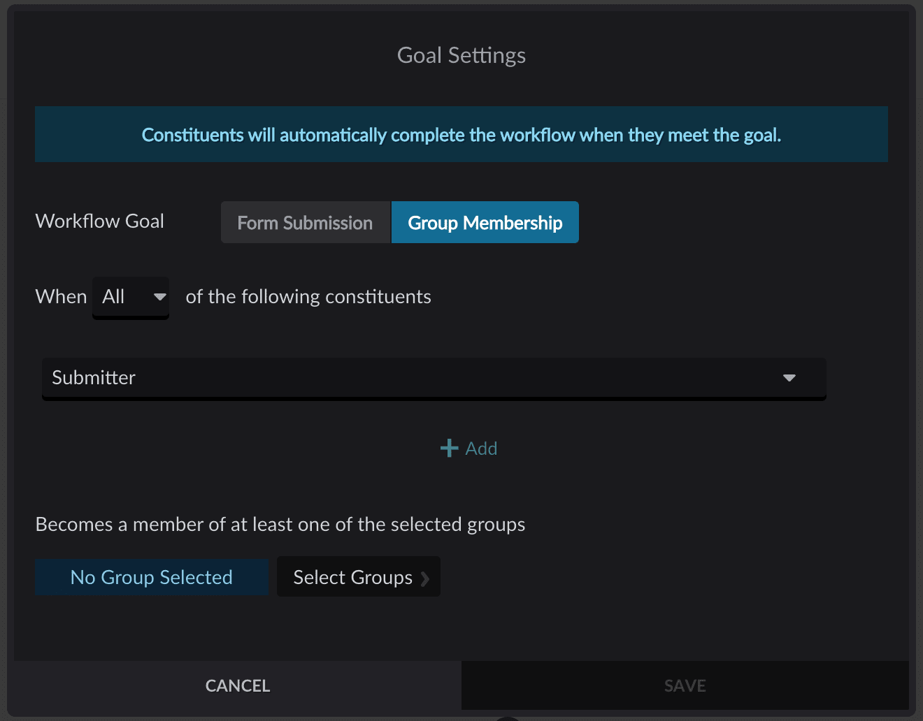 Group Membership Goal options menu in Form or Contact workflow