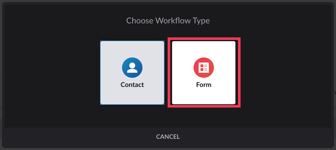 Form button highlighted on Workflow Type popup