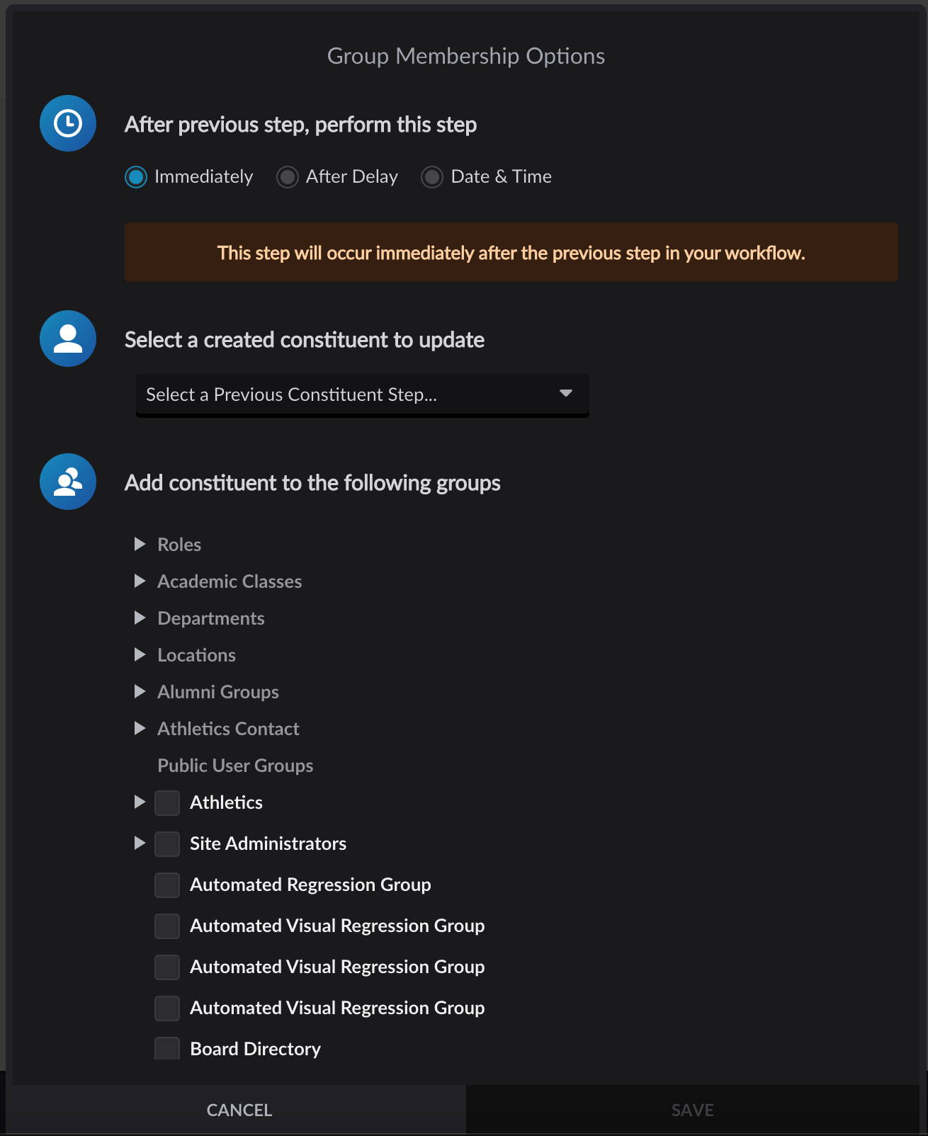 Group Membership options menu in Form workflow