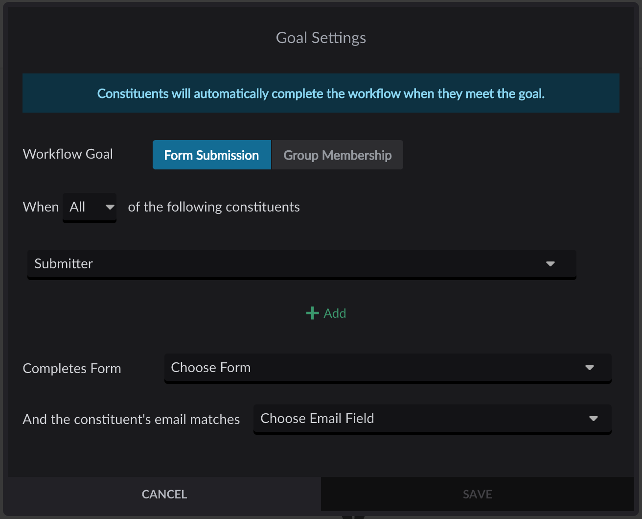 Form Submission goal options menu in Form or Contact workflow