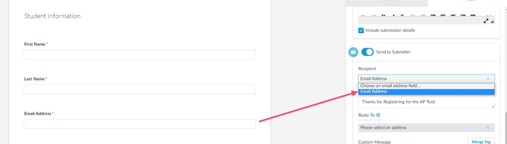 Recipient dropdown in Send to Submitter settings with email field pointed out