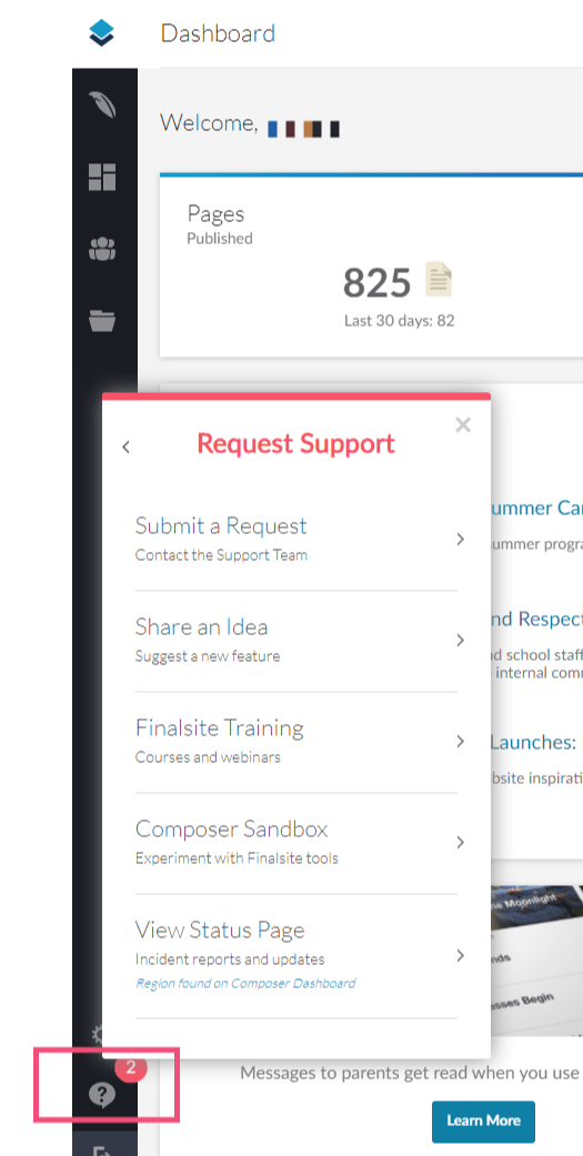 support menu with a focus on finalsite help