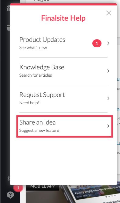 Where to access Finalsite Ideas from the Help icon