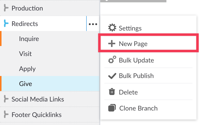 More Actions menu next to Redirect branch with New Page link highlighted