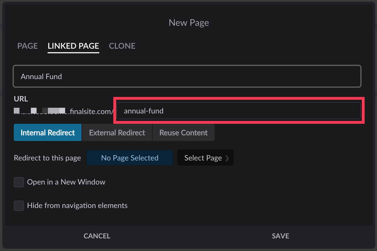 Linked Page tab settings with Annual Fund in title field and URL field with annual-fund highlighted