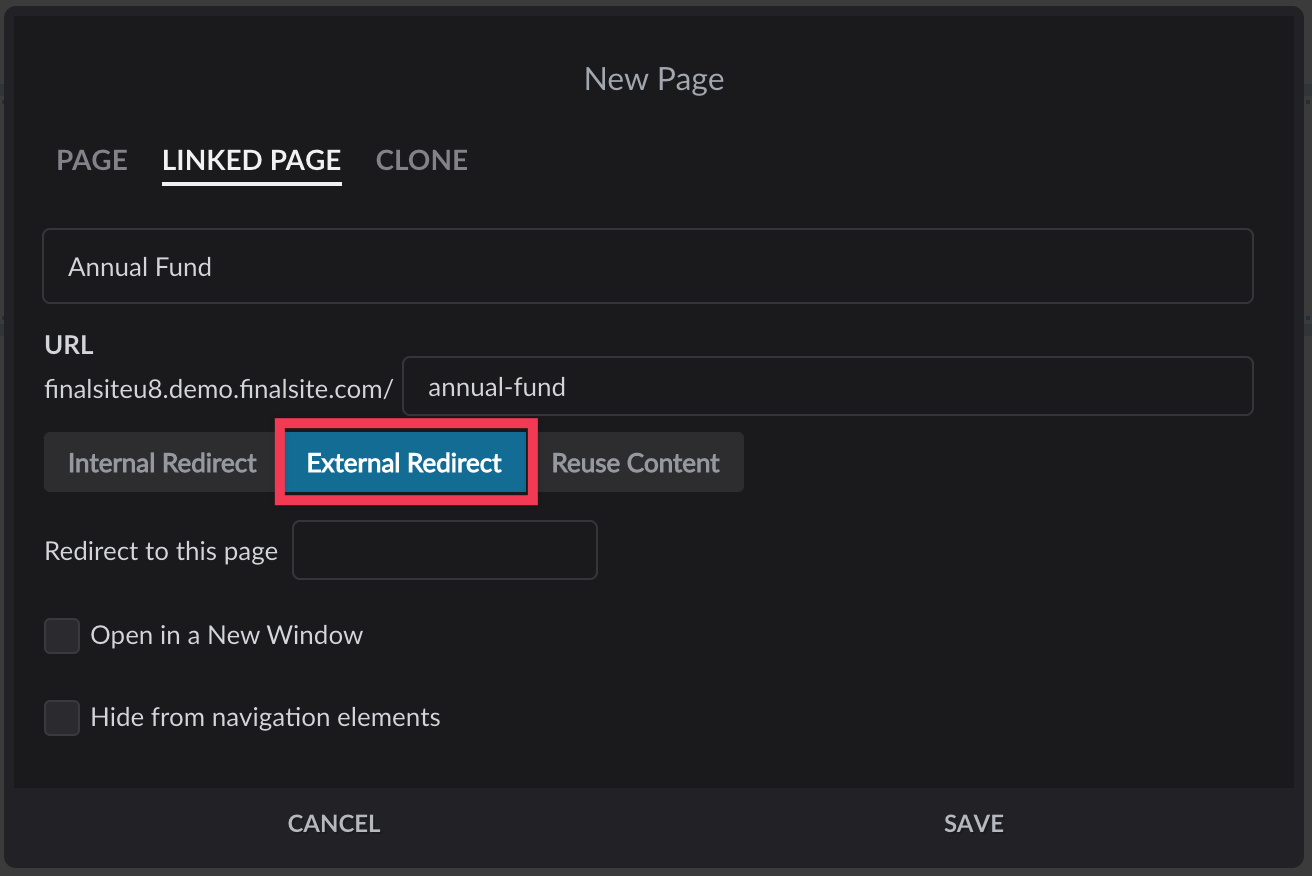 Linked Page settings with External Redirect button selected and highlighted