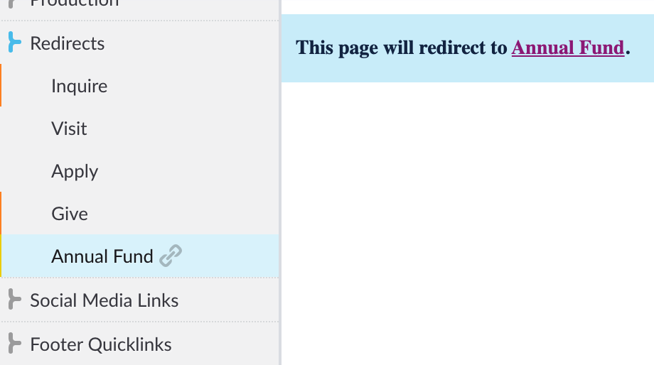 Partial page tree showing Annual Fund page with link icon and Composer page reading This page will redirect to Annual Fund.