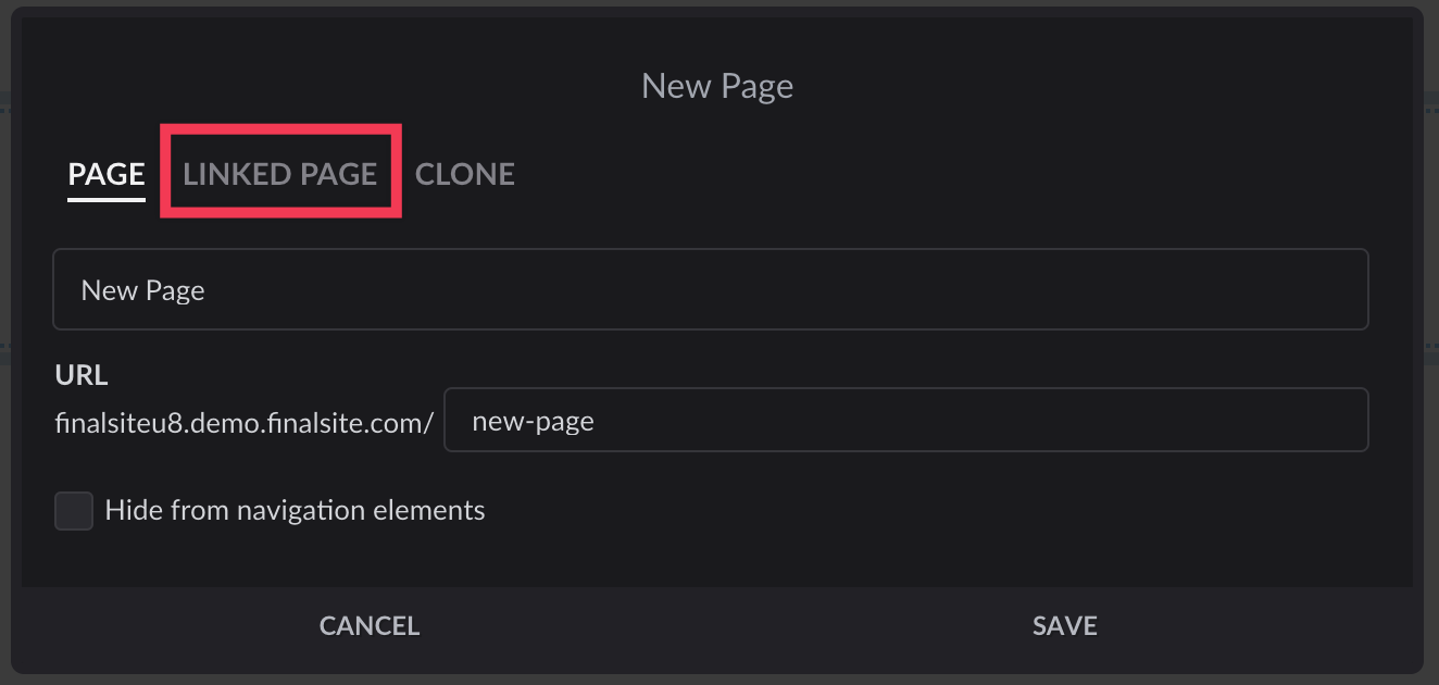 New Page dialogue box with Linked Page tab highlighted