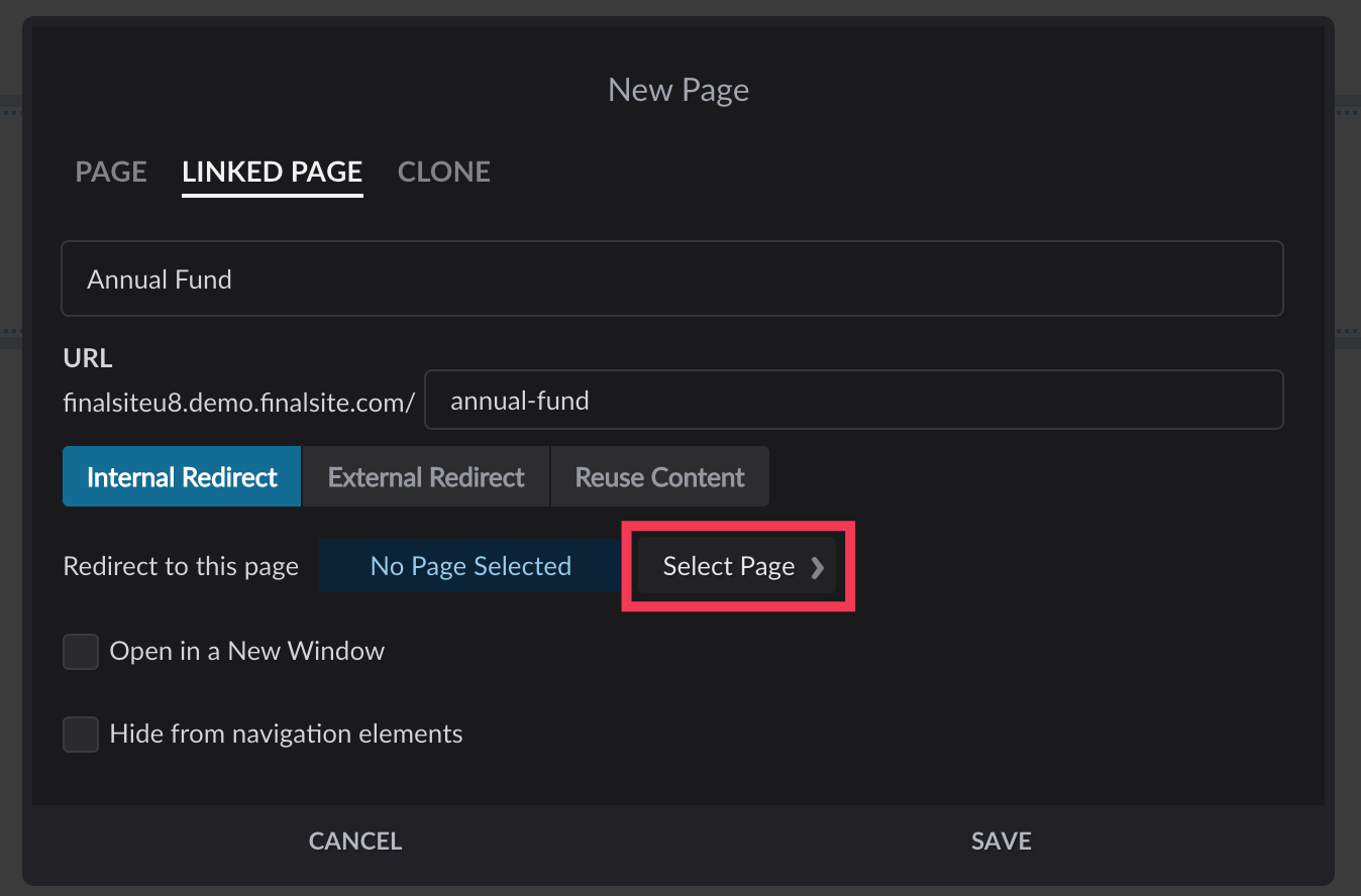Linked Page settings with Internal Redirect button selected and Select Page button highlighted