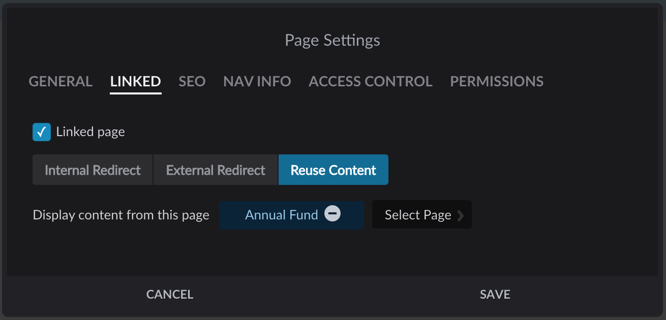 Linked page settings with Reuse Content button selected