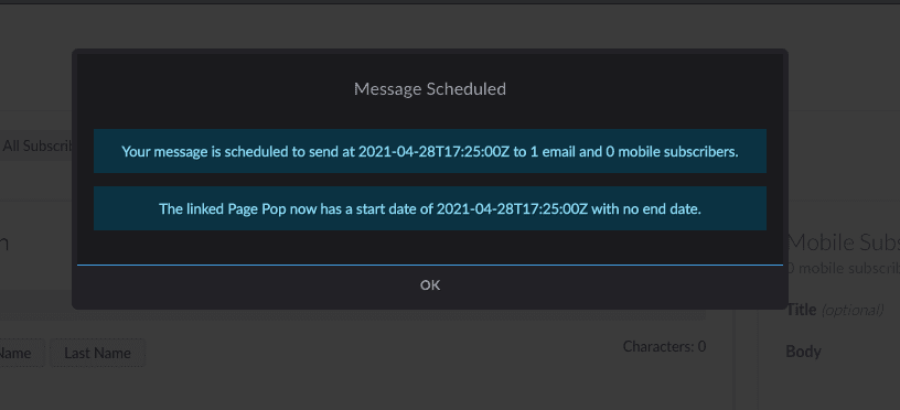 Message Scheduled notification popup indicating date message is to be sent and date linked Page Pop will start