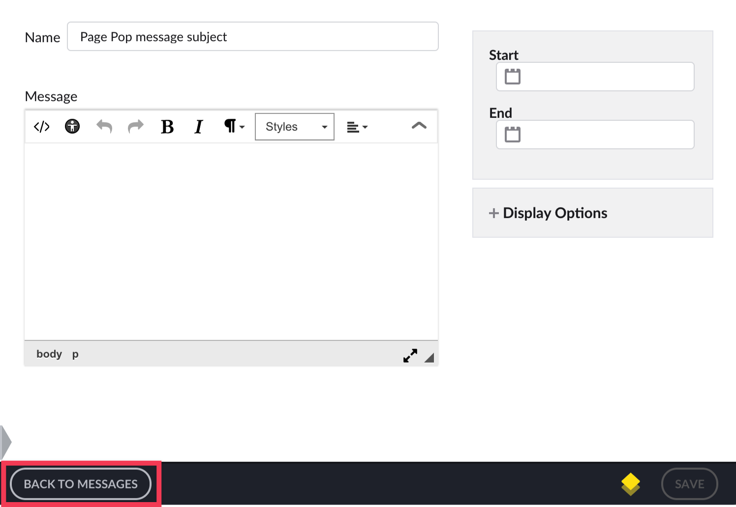 New Page Pop screen with Back to Messages button highlighted