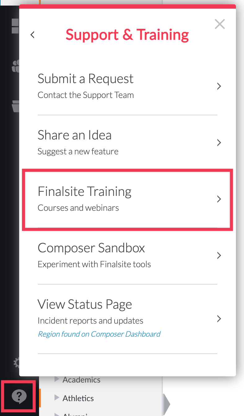 Support menu accessed from left navigation with Finalsite Help icon and Finalsite Training menu item highlighted