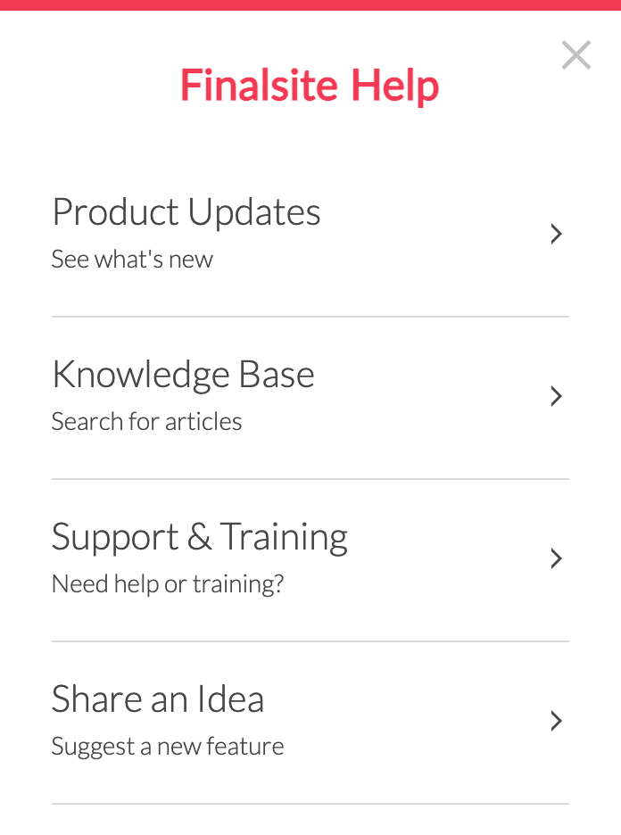 Finalsite help menu flyout