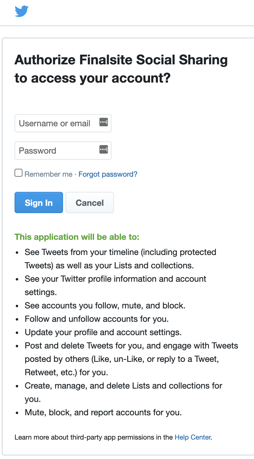 Login form for Twitter