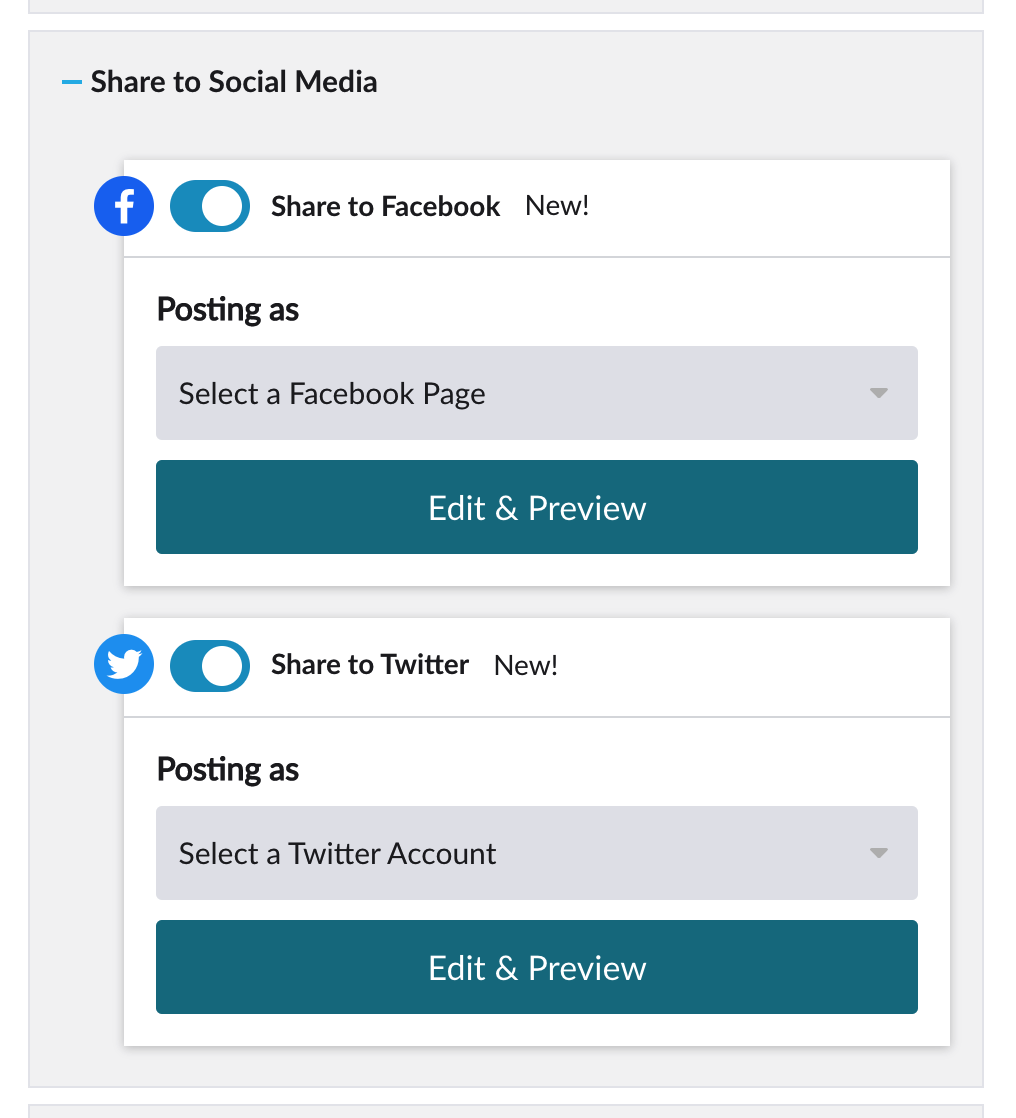 Share to Social Media menu with Facebook and Twitter toggles active