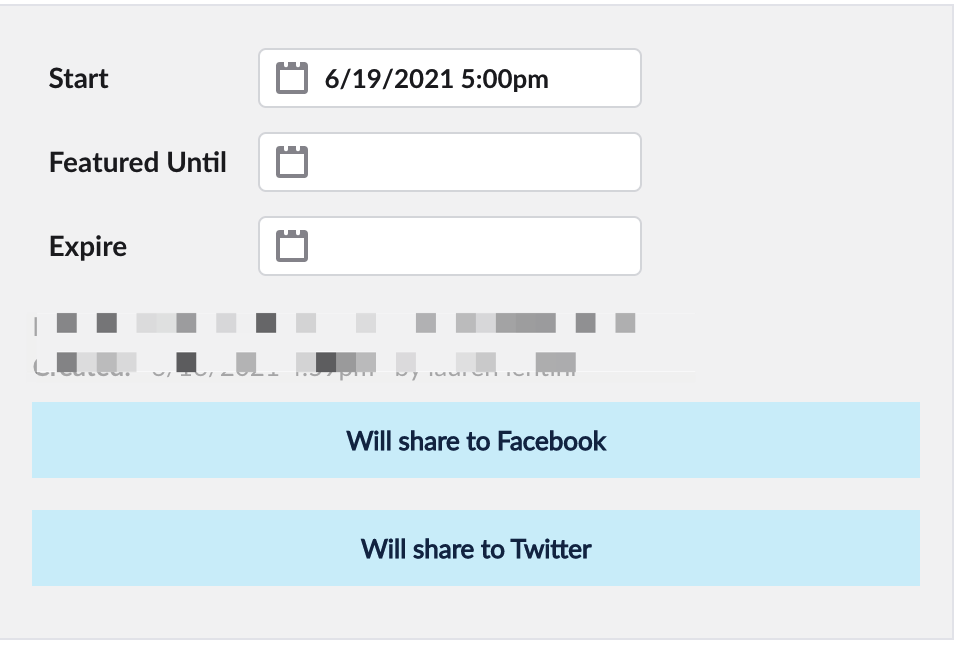 Dates settings with start date completed and banners reading will share to Facebook and will share to Twitter