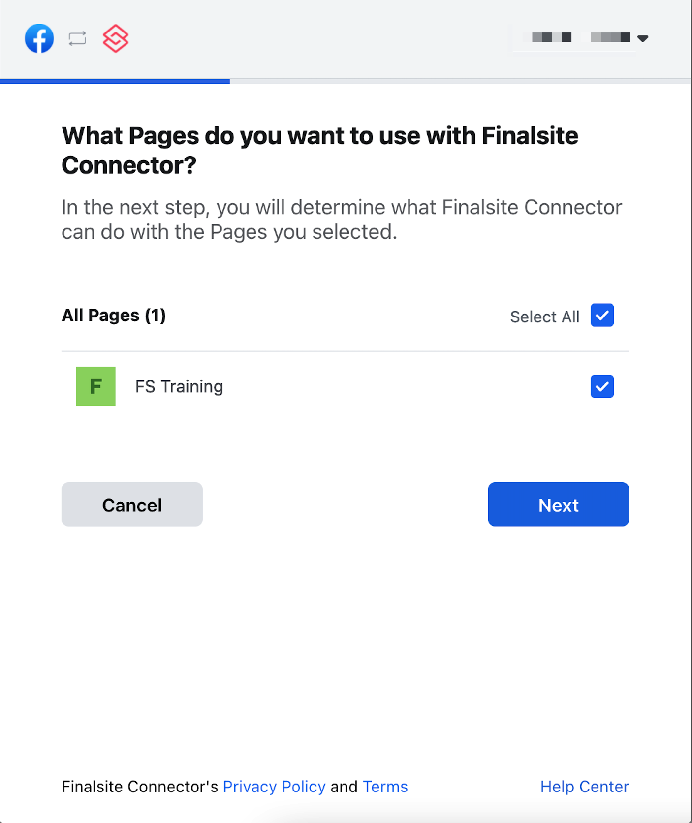 Facebook screen with checkboxes to select pages