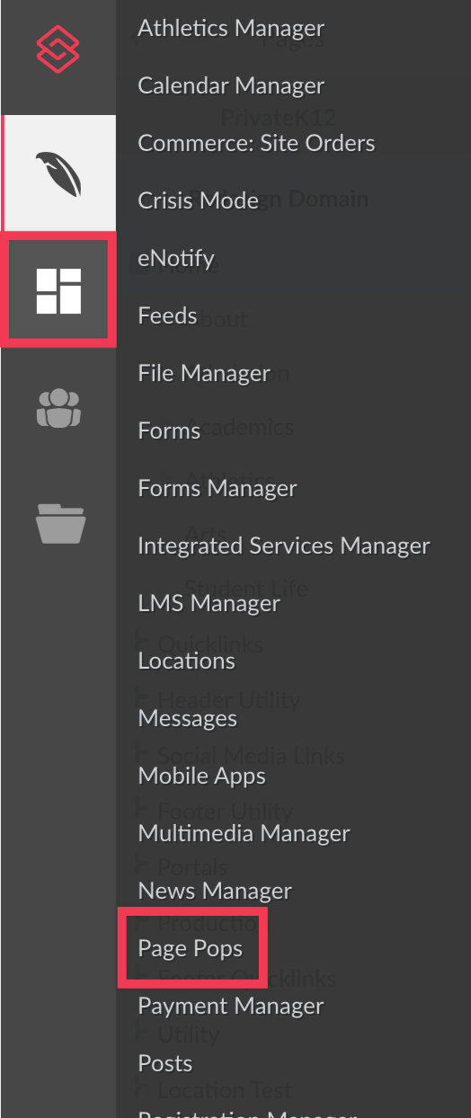 Page Pop link highlighted in module menu