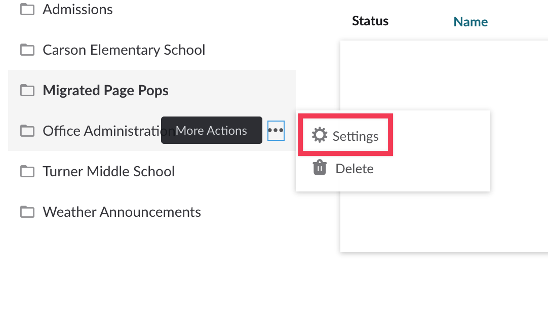 Settings link highlighted on More Actions menu for folder