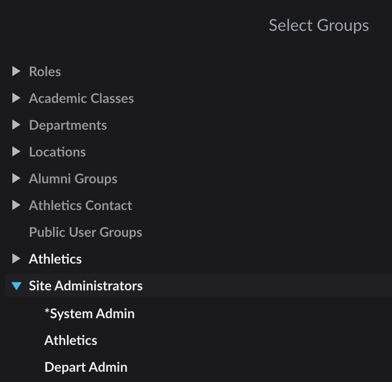 Select Groups menu with Site Administrators dropdown expanded