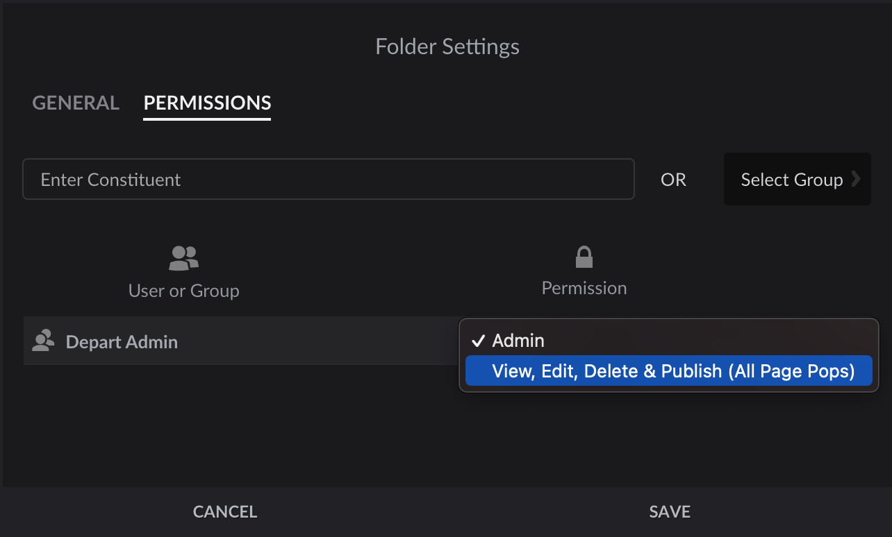 Folder permissions with rights dropdown expanded