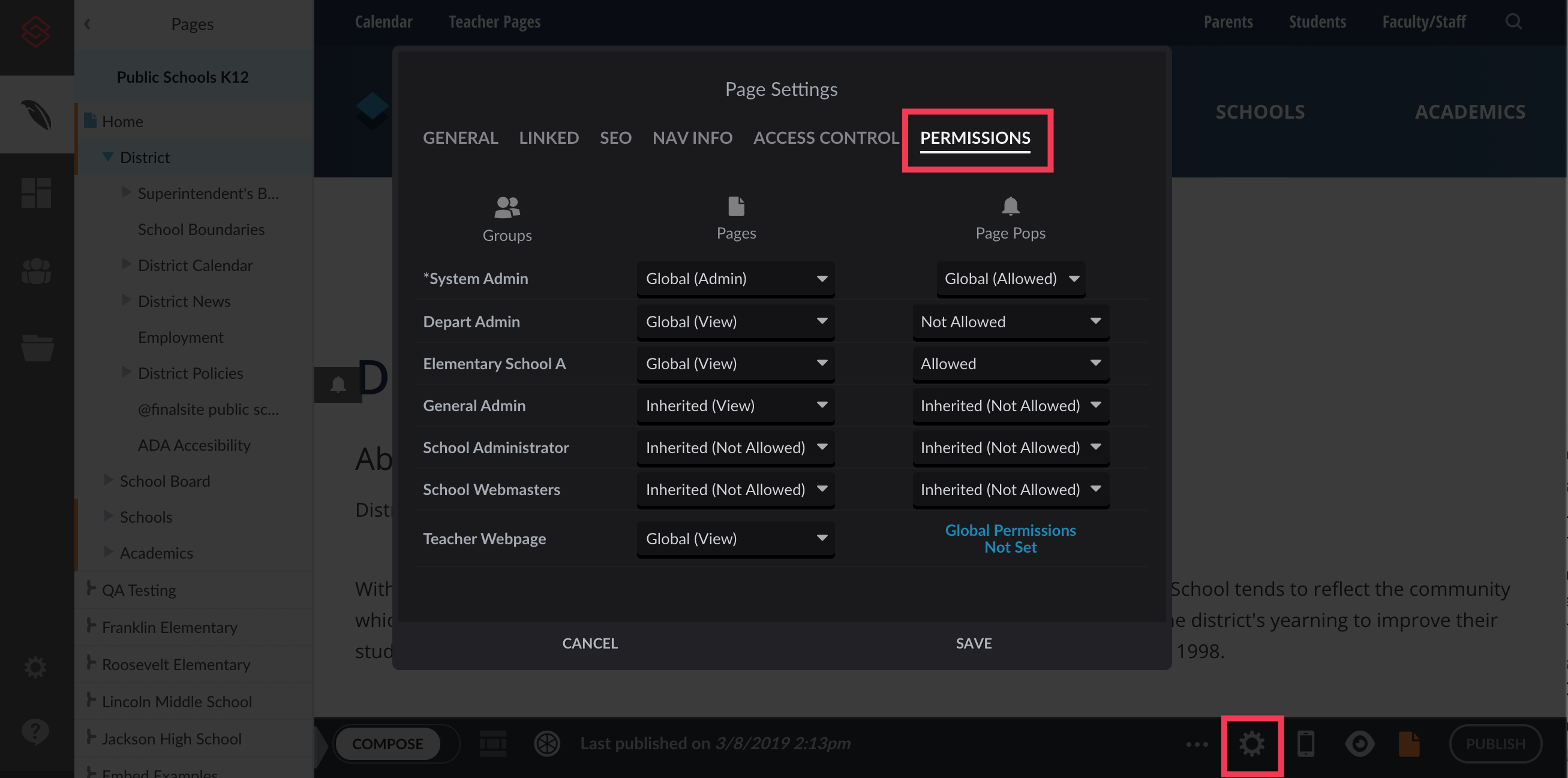 Settings icon and Permissions tab highlighted on Composer page with Page Settings menu
