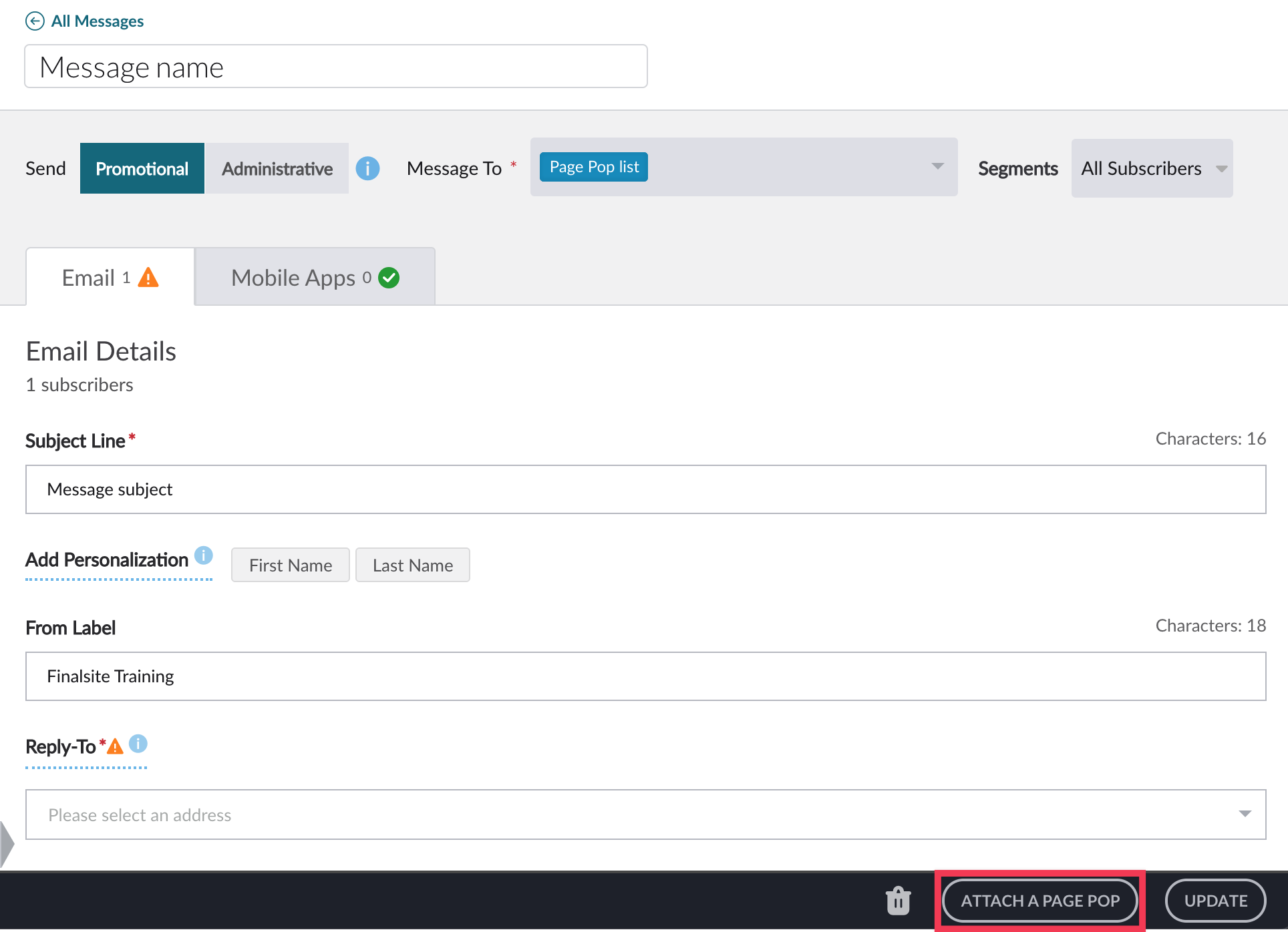 Message Details screen with Attach Page Pop button highlighted