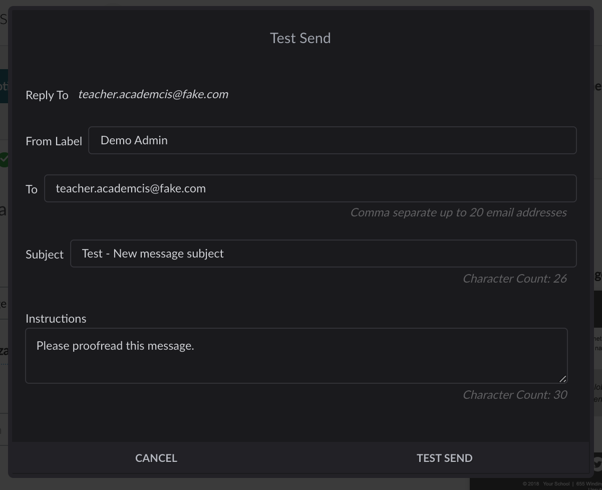 Test Send popup menu detail