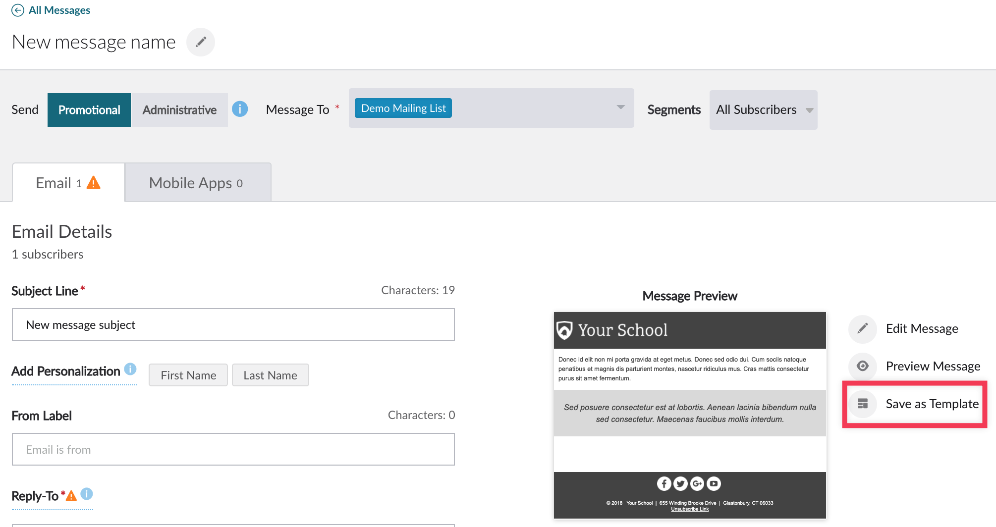 Save as Template link highlighted on Message Details screen