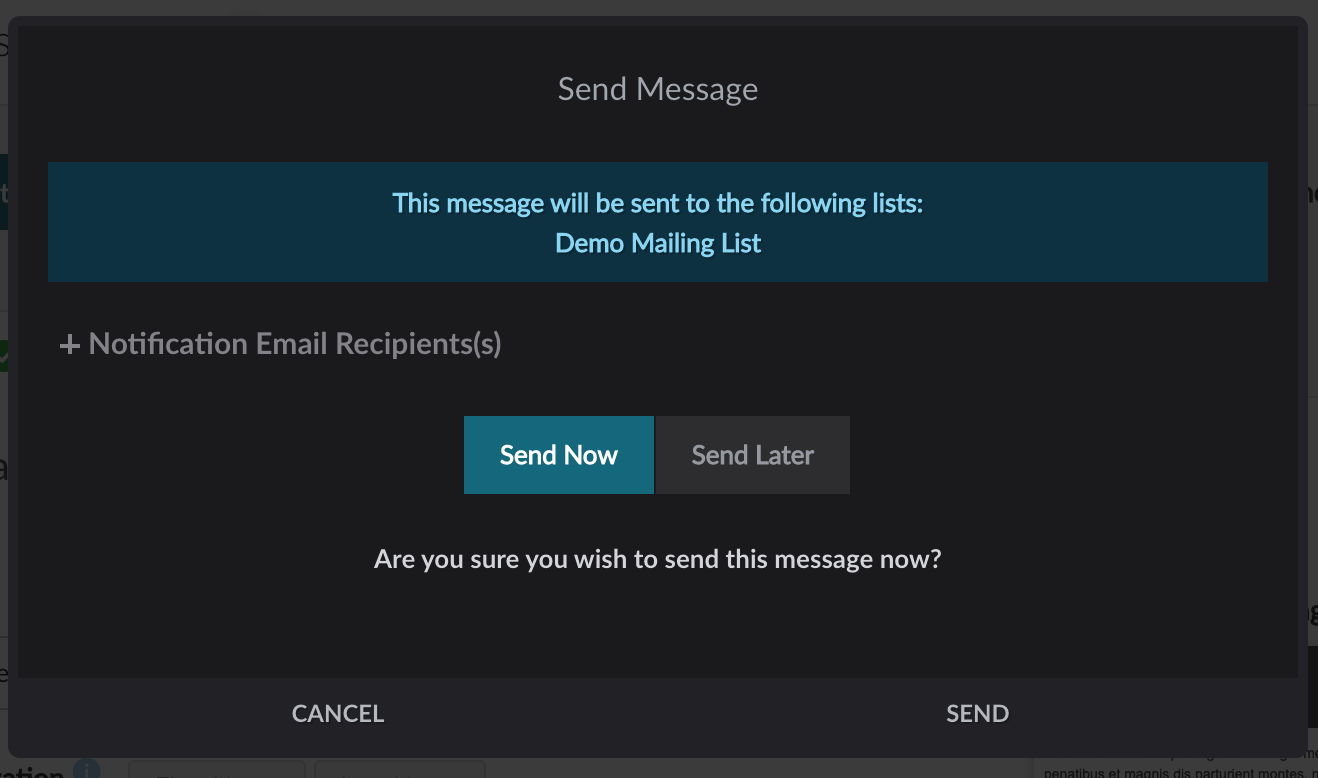 Send Message popup menu details