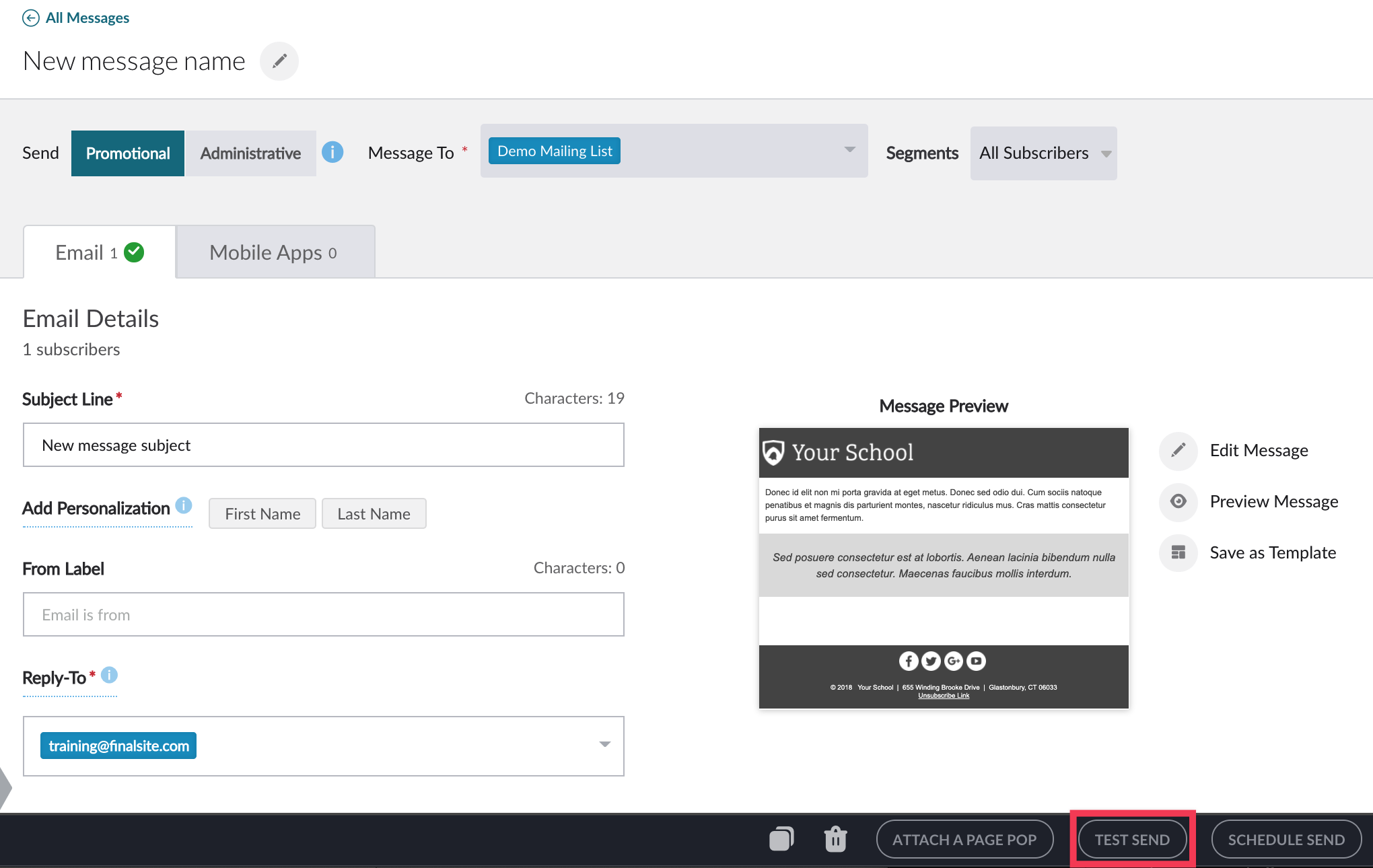 Test Send button highlighted on Message Details screen