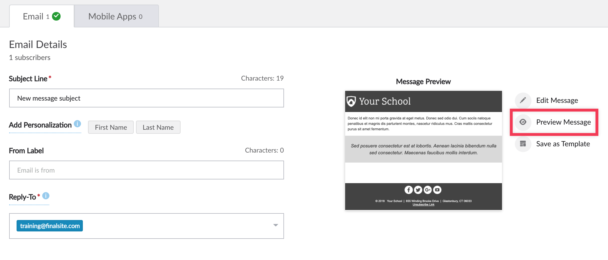 Preview Message link highlighted on Message Details screen