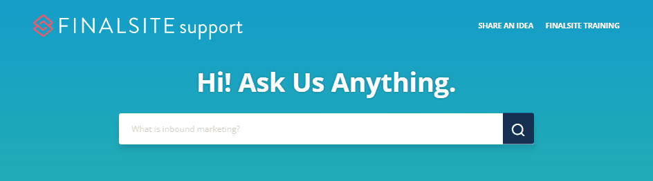 Knowledge Base home banner with search bar and text Hi! Ask Us Anything.
