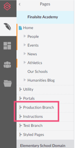 Composer page tree close-up with Production branch and site instructions highlighted
